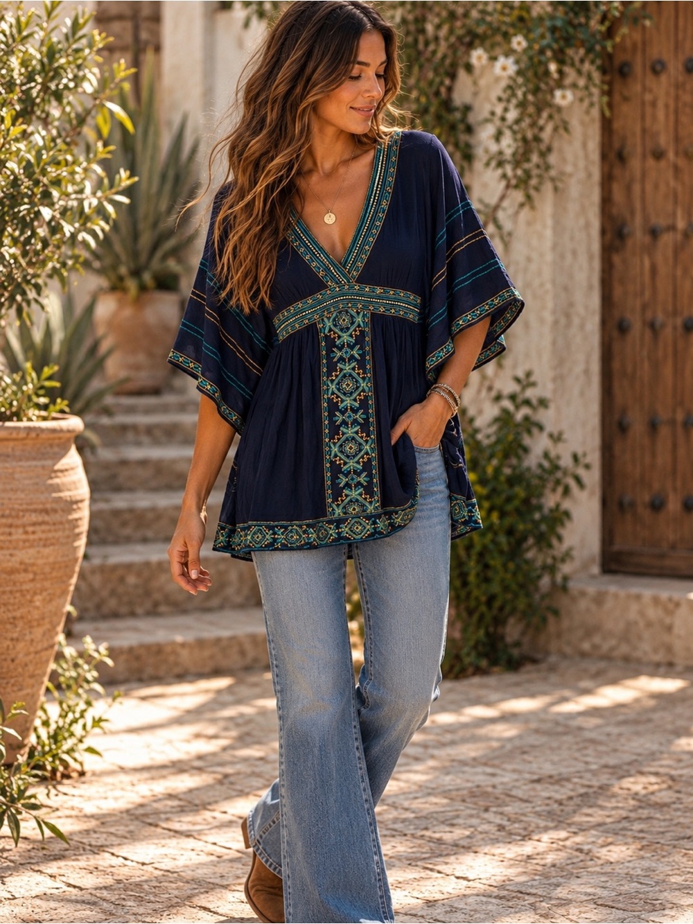 Flying Tomato Embroidered Boho Tunic Top Navy Kimono Sleeve Size S